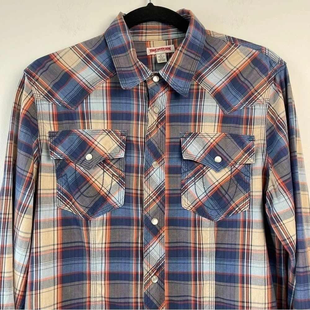 True Religion Men's Plaid Western Shirt Pearl Snap Buttons Blue size Sm Casual